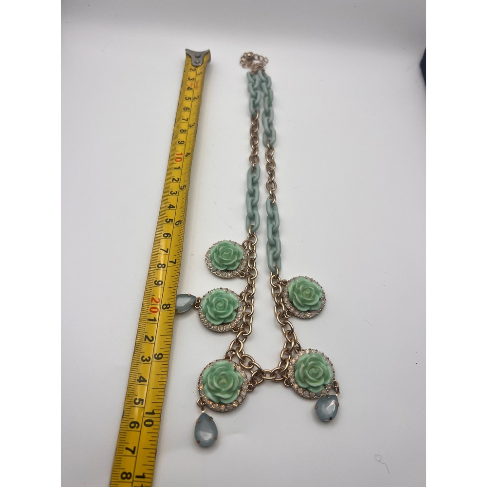Mint Green Rose Rhinestone Statement Necklace Gold Tone Blue Teardrop Charms - Picture 9 of 9